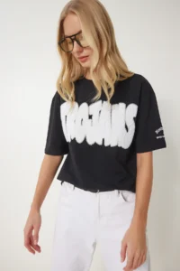 Happiness İstanbul Women's Black Slogan Beaded Cotton T-Shirt