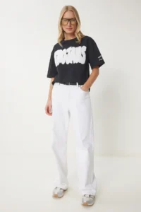 Happiness İstanbul Women's Black Slogan Beaded Cotton T-Shirt - Image 2