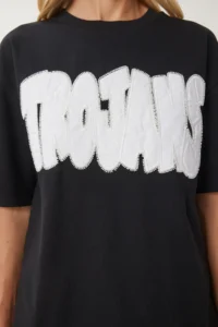 Happiness İstanbul Women's Black Slogan Beaded Cotton T-Shirt - Image 3