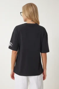 Happiness İstanbul Women's Black Slogan Beaded Cotton T-Shirt - Image 5