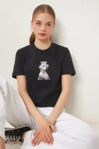 Happiness İstanbul Women's Black Stylish Stone Embroidered Cotton Knitted T-Shirt