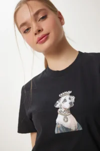 Happiness İstanbul Women's Black Stylish Stone Embroidered Cotton Knitted T-Shirt - Image 2