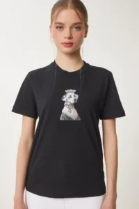 Happiness İstanbul Women's Black Stylish Stone Embroidered Cotton Knitted T-Shirt - Image 3