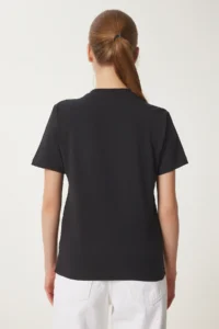Happiness İstanbul Women's Black Stylish Stone Embroidered Cotton Knitted T-Shirt - Image 5