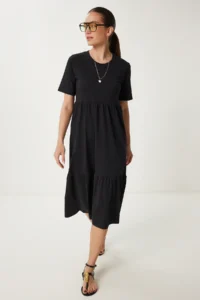 Happiness İstanbul Women's Black Oversize Flounce Summer Knitted Dress