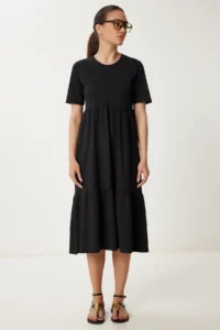 Happiness İstanbul Women's Black Oversize Flounce Summer Knitted Dress - Image 2