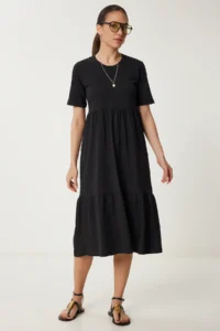 Happiness İstanbul Women's Black Oversize Flounce Summer Knitted Dress - Image 3