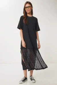 Happiness İstanbul Women's Black Stretchy Knitted Top Lace Skirt Dress