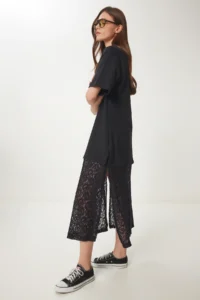 Happiness İstanbul Women's Black Stretchy Knitted Top Lace Skirt Dress - Image 2