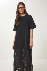 Happiness İstanbul Women's Black Stretchy Knitted Top Lace Skirt Dress - Image 3