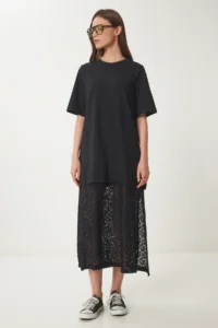Happiness İstanbul Women's Black Stretchy Knitted Top Lace Skirt Dress - Image 4