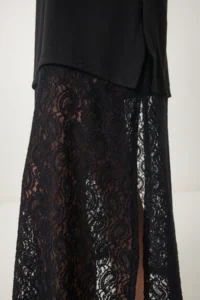 Happiness İstanbul Women's Black Stretchy Knitted Top Lace Skirt Dress - Image 6