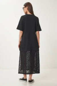Happiness İstanbul Women's Black Stretchy Knitted Top Lace Skirt Dress - Image 7
