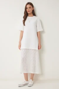Happiness İstanbul Women's Bone Stretchy Knitted Top Lace Skirt Dress
