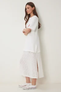 Happiness İstanbul Women's Bone Stretchy Knitted Top Lace Skirt Dress - Image 2