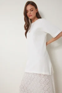 Happiness İstanbul Women's Bone Stretchy Knitted Top Lace Skirt Dress - Image 3