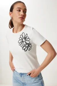Happiness İstanbul Women's Ecru Floral Embroidered Cotton Knitted T-Shirt - Image 2