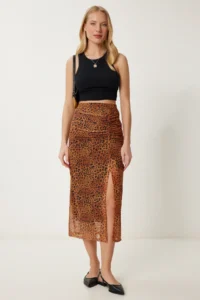 Happiness İstanbul Women's Camel Leopard Patterned Slit Flexible Chiffon Skirt - Image 2