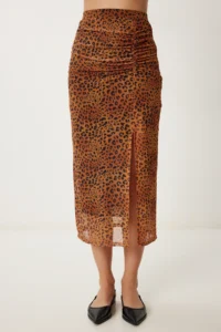 Happiness İstanbul Women's Camel Leopard Patterned Slit Flexible Chiffon Skirt - Image 3