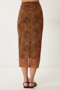 Happiness İstanbul Women's Camel Leopard Patterned Slit Flexible Chiffon Skirt - Image 5
