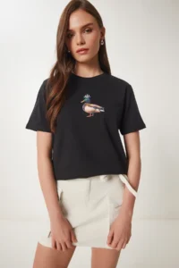 Happiness İstanbul Women's Black Stone Detailed Embroidered Cotton Knitted T-Shirt - Image 2