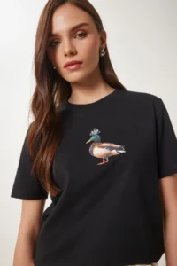 Happiness İstanbul Women's Black Stone Detailed Embroidered Cotton Knitted T-Shirt - Image 3