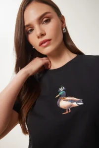 Happiness İstanbul Women's Black Stone Detailed Embroidered Cotton Knitted T-Shirt - Image 5