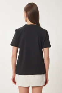 Happiness İstanbul Women's Black Stone Detailed Embroidered Cotton Knitted T-Shirt - Image 7