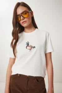 Happiness İstanbul Women's Ecru Stone Detailed Coat of Arms Cotton Knitted T-Shirt - Image 2