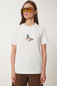 Happiness İstanbul Women's Ecru Stone Detailed Coat of Arms Cotton Knitted T-Shirt - Image 4