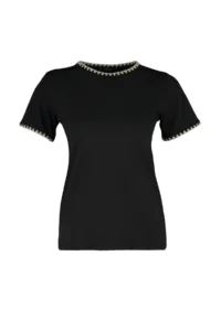 TRENDYOLMİLLA Black 100% Cotton Contrast Stitching Detailed Basic Crew Neck Knitting T-Shirt - Image 6