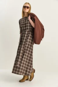 Bianco Lucci Women's Plaid Patterned Crew Neck Belted Flared Cotton Dress 5611 - Image 2