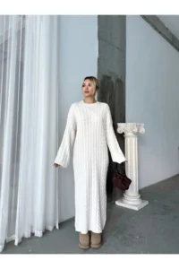 Cool & Sexy Women's Ecru Crew Neck Braided Women's Knitwear Midi Dress