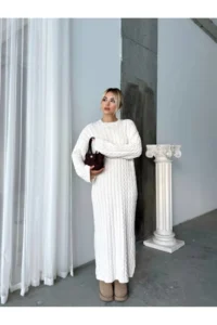 Cool & Sexy Women's Ecru Crew Neck Braided Women's Knitwear Midi Dress - Image 2