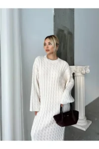 Cool & Sexy Women's Ecru Crew Neck Braided Women's Knitwear Midi Dress - Image 3