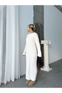 Cool & Sexy Women's Ecru Crew Neck Braided Women's Knitwear Midi Dress - Image 4