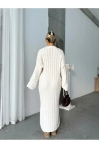 Cool & Sexy Women's Ecru Crew Neck Braided Women's Knitwear Midi Dress - Image 5