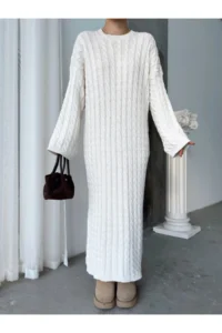 Cool & Sexy Women's Ecru Crew Neck Braided Women's Knitwear Midi Dress - Image 6