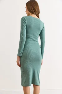 Olalook Women's Green Button Detailed Slit Midi Flexible Dress - Image 3