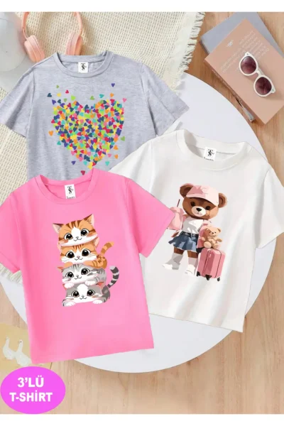 twins tailors Cat Printed 3 Pack White-Grey-Pink Girls' T-Shirt