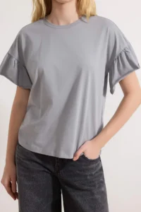 TRENDYOLMİLLA Gray 100% Cotton Ruffle Detailed Basic Crew Neck Knitting T-Shirt - Image 3