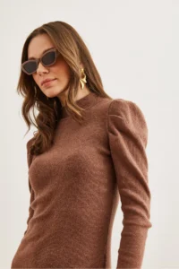 Olalook Women's Chocolate Half Turtleneck Princess Sleeve Raised Mini Dress - Image 6