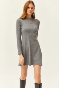 Olalook Women's Smoked Crew Neck Skirt Flared Corduroy Dress