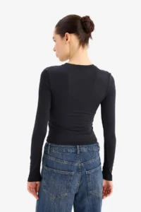 DeFacto Black Fitted Crew Neck Basic Plain Long Sleeve T-Shirt - Image 6