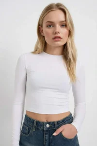 DeFacto Fitted Crew Neck Basic Plain White Long Sleeve T-Shirt