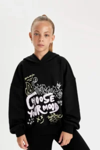 DeFacto Black Oversize Wide Fit Hooded Printed Sweatshirt Girl