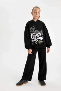 DeFacto Black Oversize Wide Fit Hooded Printed Sweatshirt Girl - Image 2