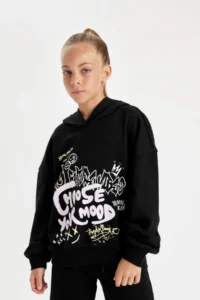 DeFacto Black Oversize Wide Fit Hooded Printed Sweatshirt Girl - Image 3