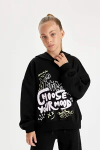 DeFacto Black Oversize Wide Fit Hooded Printed Sweatshirt Girl - Image 4
