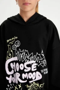 DeFacto Black Oversize Wide Fit Hooded Printed Sweatshirt Girl - Image 5